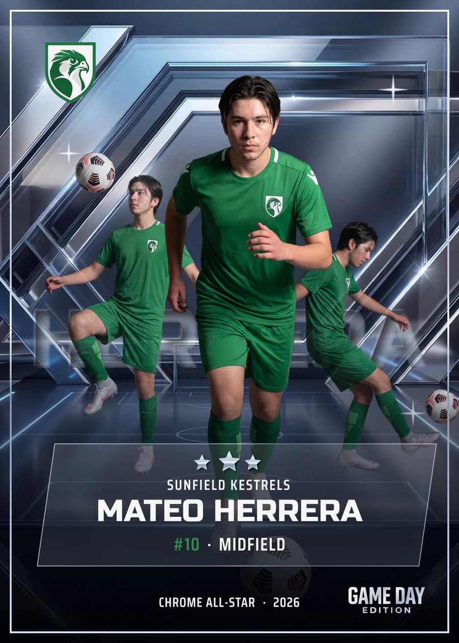 Registered card front — soccer — Chrome All-Star finish — example artwork, fictional athlete