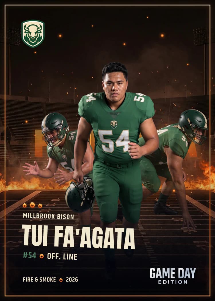 Registered card front — football — Fire & Smoke finish — example artwork, fictional athlete