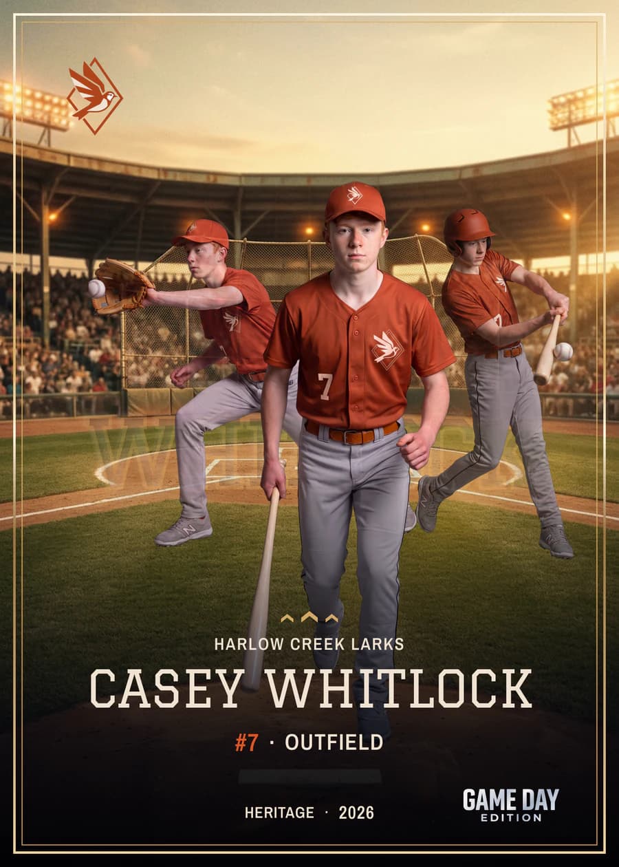 Registered card front — baseball — Heritage finish — example artwork, fictional athlete