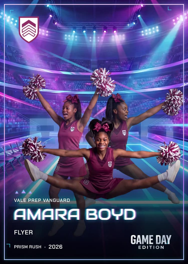 Registered card front — cheerleading — Prism Rush finish — example artwork, fictional athlete
