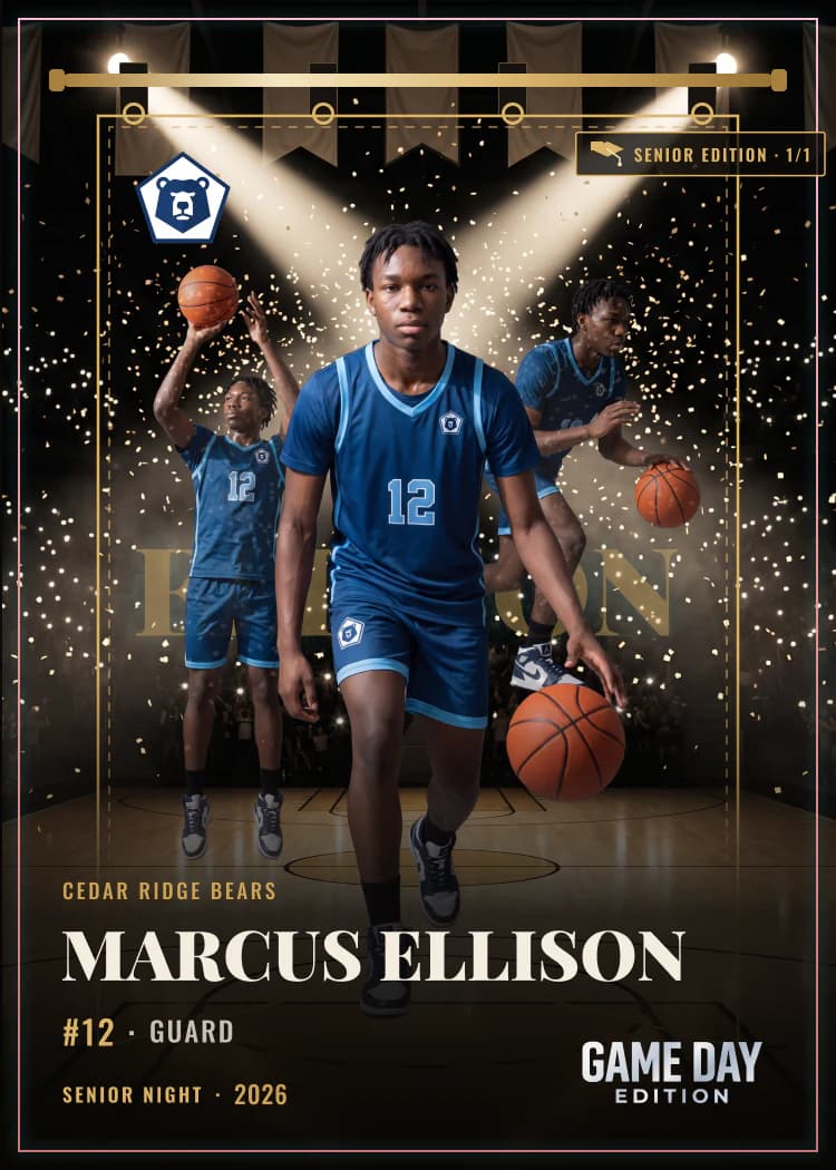 Registered card front — basketball — Senior Night finish — example artwork, fictional athlete