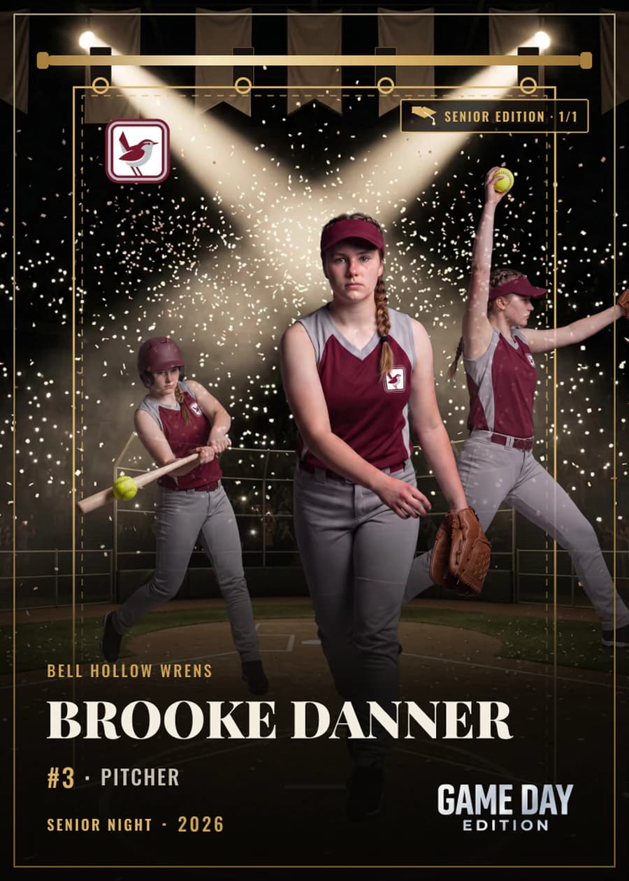 Registered card front — softball — Senior Night finish — example artwork, fictional athlete