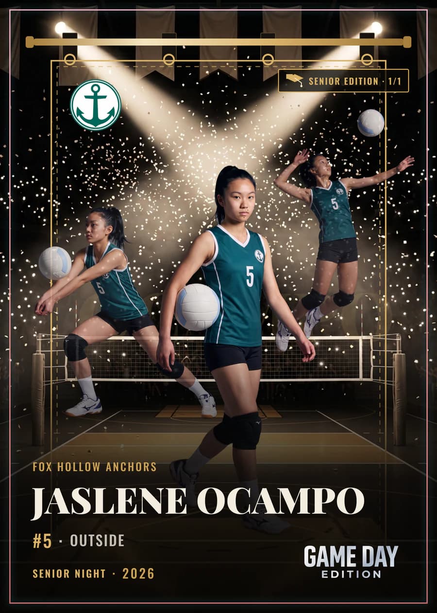 Registered card front — volleyball — Senior Night finish — example artwork, fictional athlete