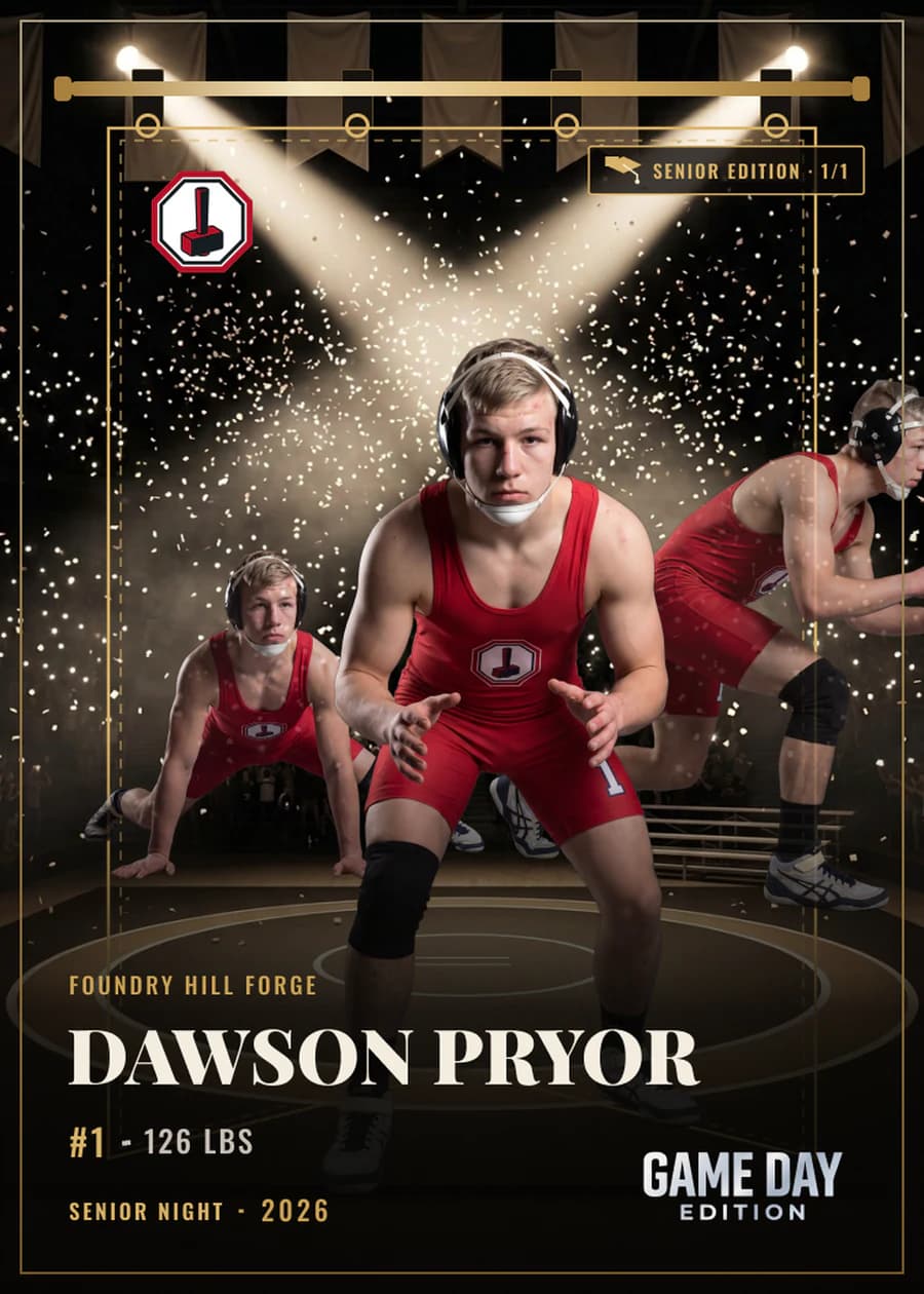 Registered card front — wrestling — Senior Night finish — example artwork, fictional athlete
