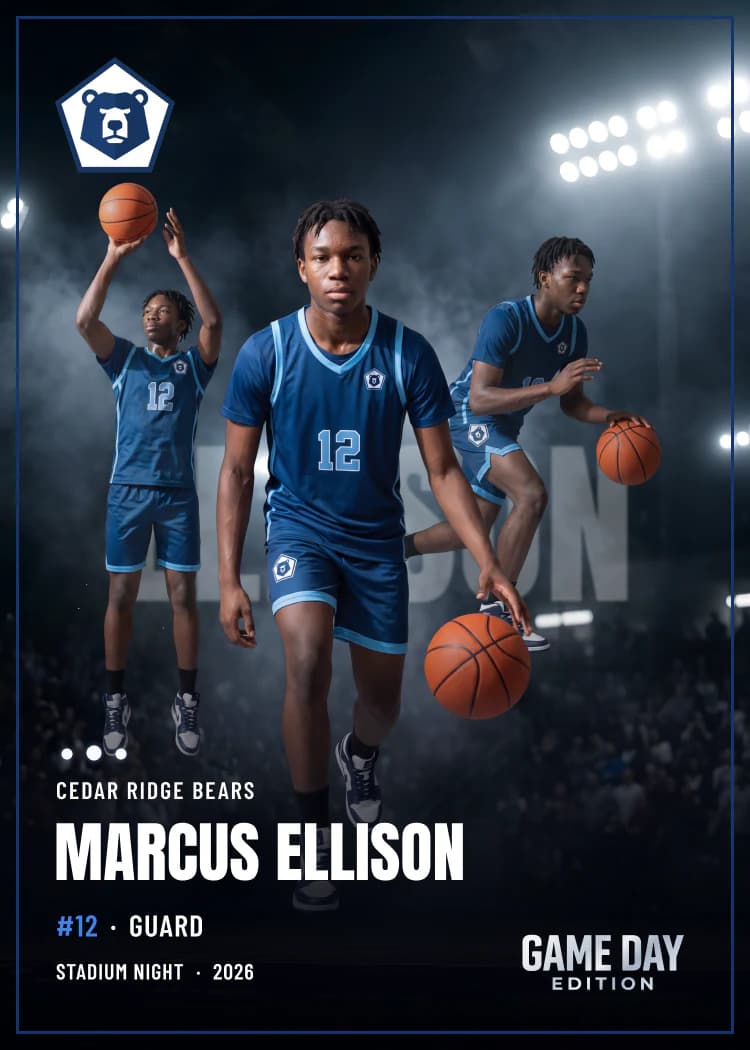 Custom basketball trading card front — Stadium Night finish — example artwork, fictional athlete