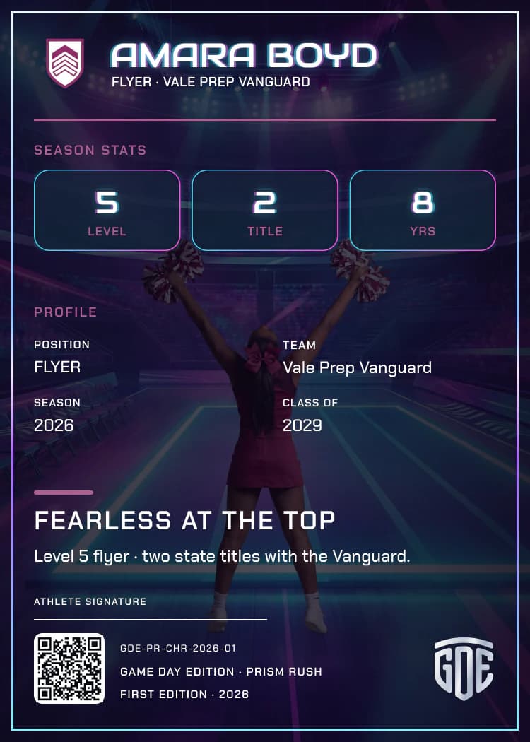 Custom cheerleading trading card back with the athlete's name and club crest, registered card ID and QR code — Prism Rush finish — example artwork, fictional athlete