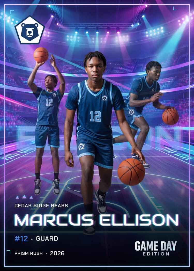 Custom basketball trading card front — Prism Rush finish — example artwork, fictional athlete