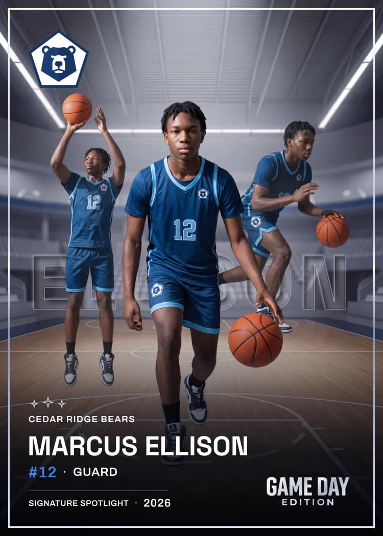 Custom basketball trading card front — Signature Spotlight finish — example artwork, fictional athlete