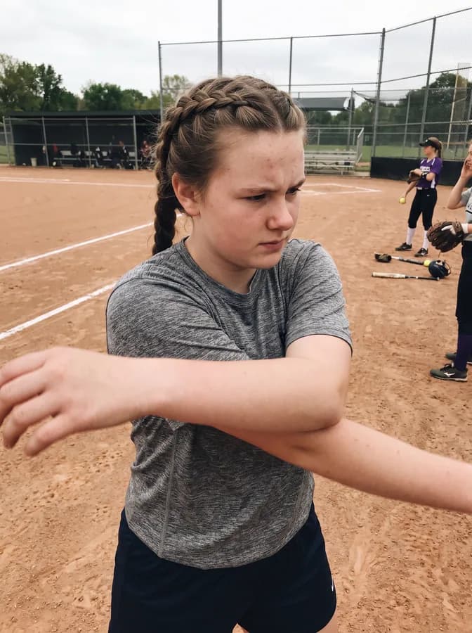 One of the phone photos a parent sent: a fictional softball player warming up on the infield in a practice shirt; photo generated