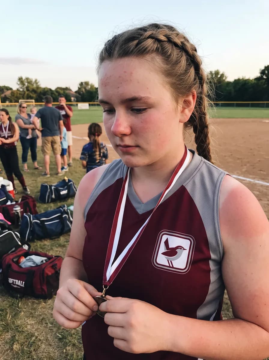 One of the phone photos a parent sent: a fictional softball player at the field after a game with her medal, in the maroon uniform the card shows; photo generated