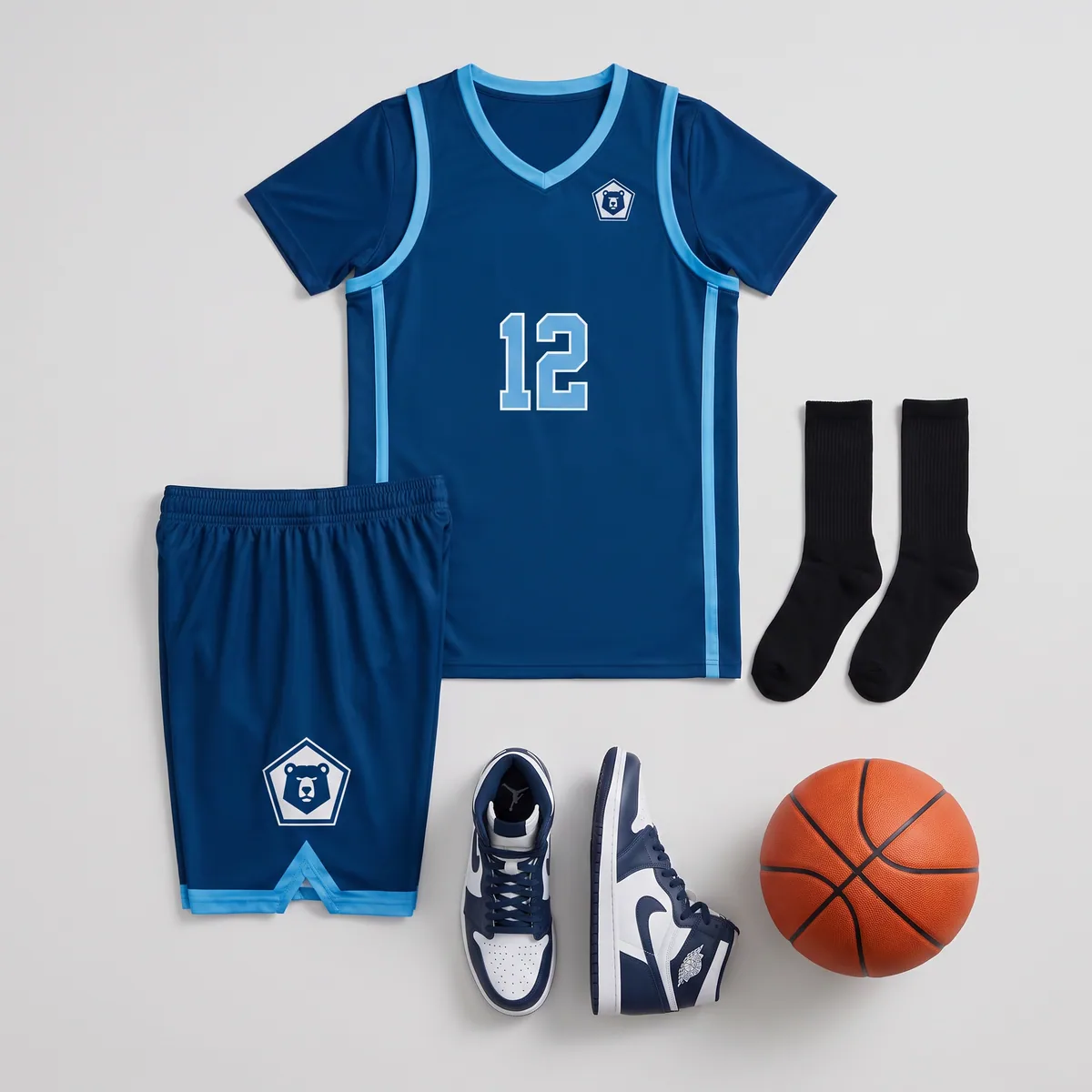 The uniform, front: the fictional athlete's jersey, shorts and crest copied from their photos