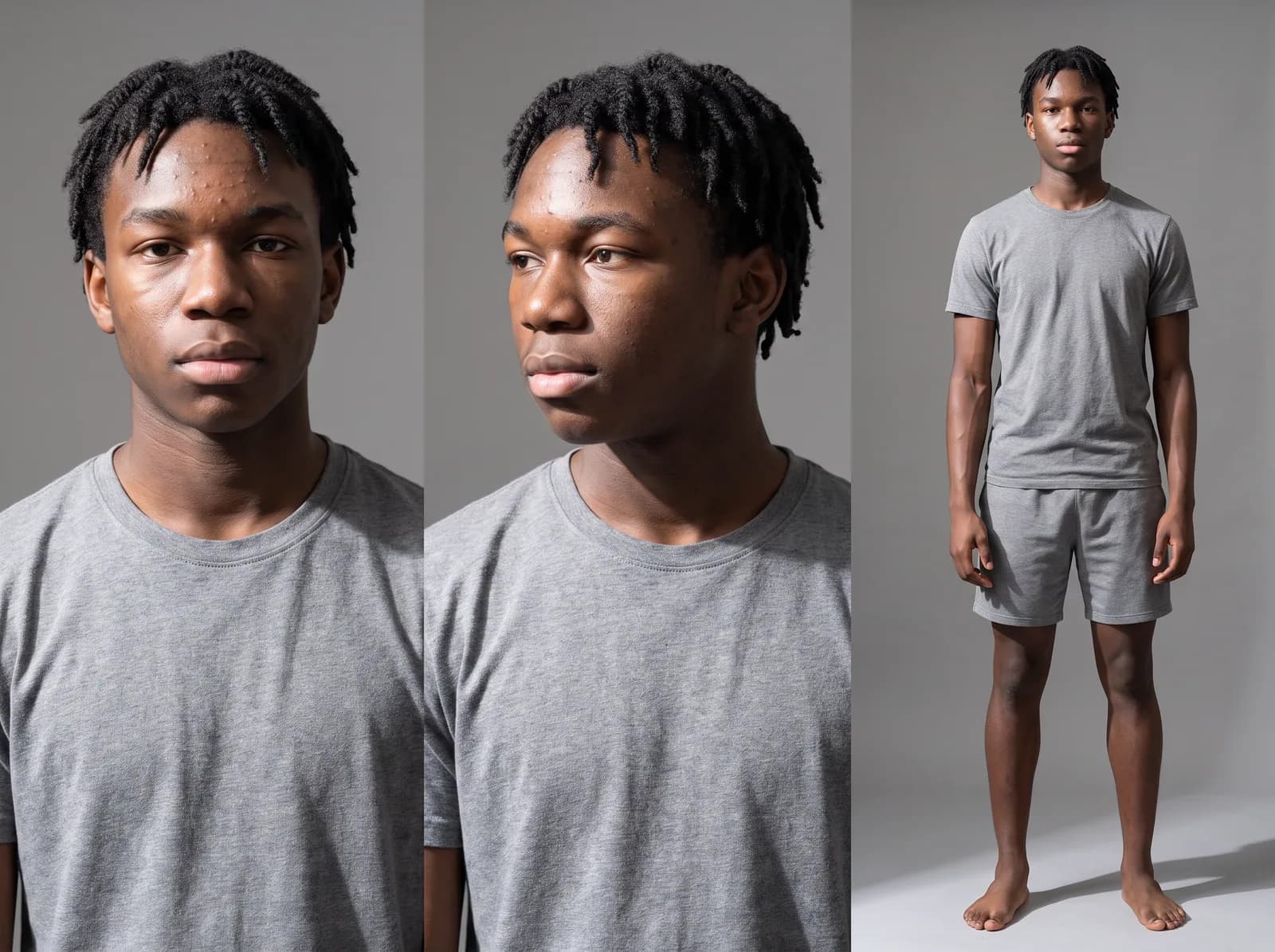 Three views of a fictional athlete, built from their photos