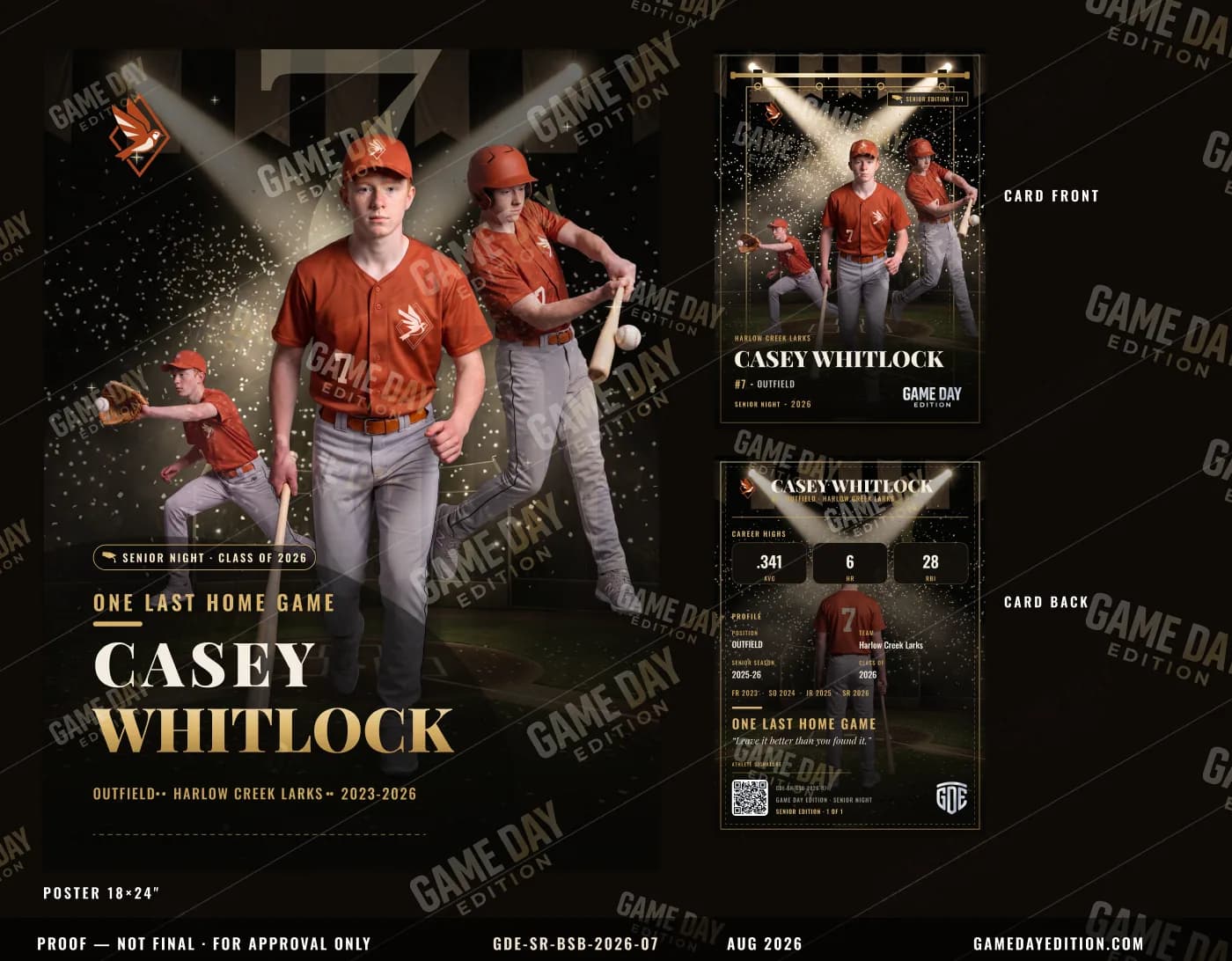 Watermarked proof of a custom baseball card — Senior Night finish — example, fictional athlete