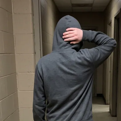 Example of a photo to leave out: a fictional athlete seen from behind, hood up and a hand over the head, no face visible — generated example image