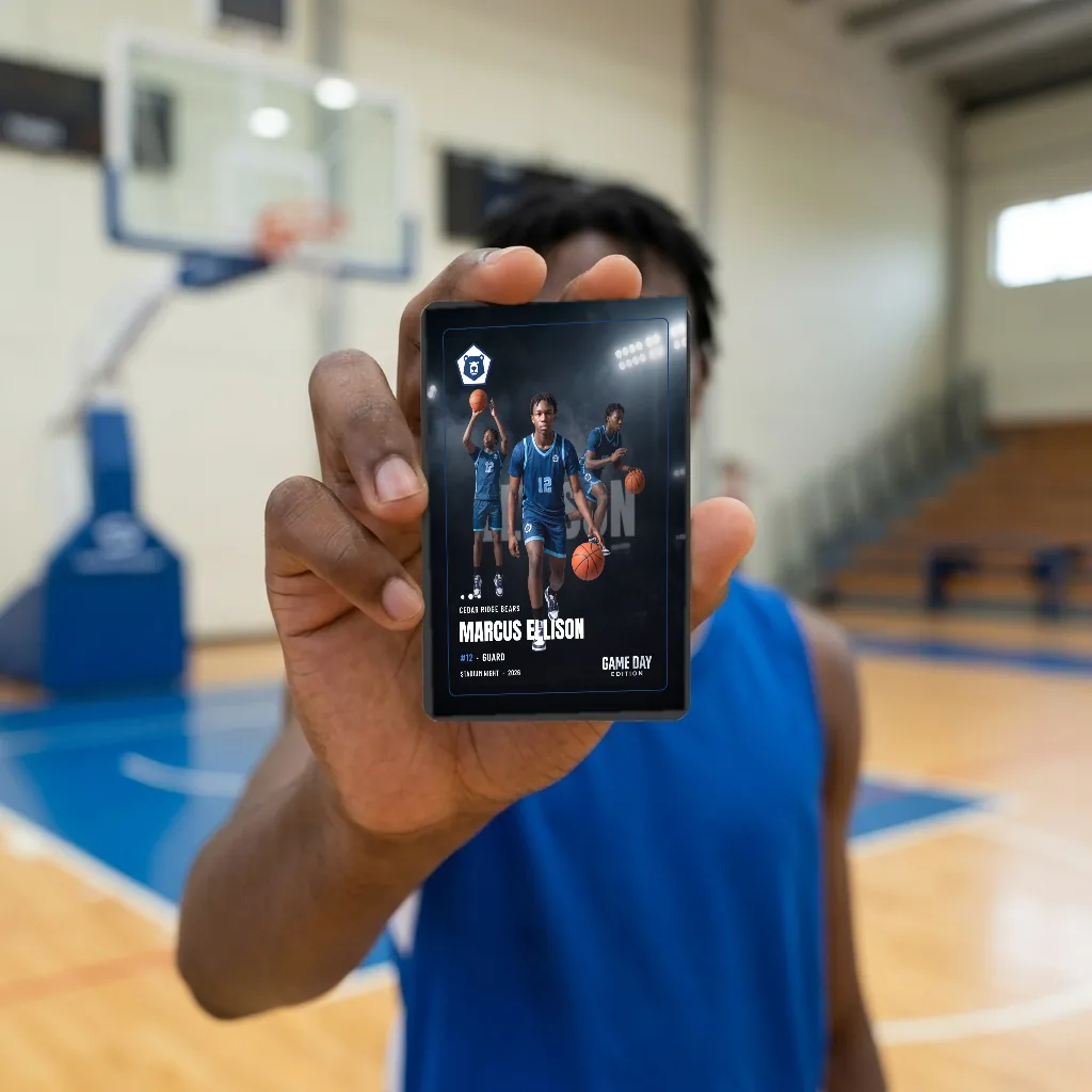 A player holding up their custom basketball trading card in the gym — Stadium Night finish — example artwork, fictional athlete; photo generated
