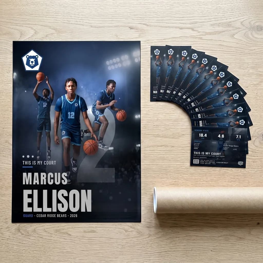 A printed set laid out on a table: the custom basketball poster, the shipping tube and a fan of trading cards — Stadium Night finish — example artwork, fictional athlete; photo generated