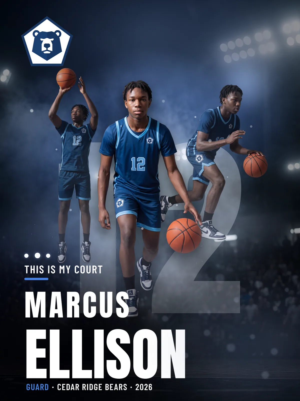 Custom basketball poster, 18 × 24 in — Stadium Night finish — example artwork, fictional athlete