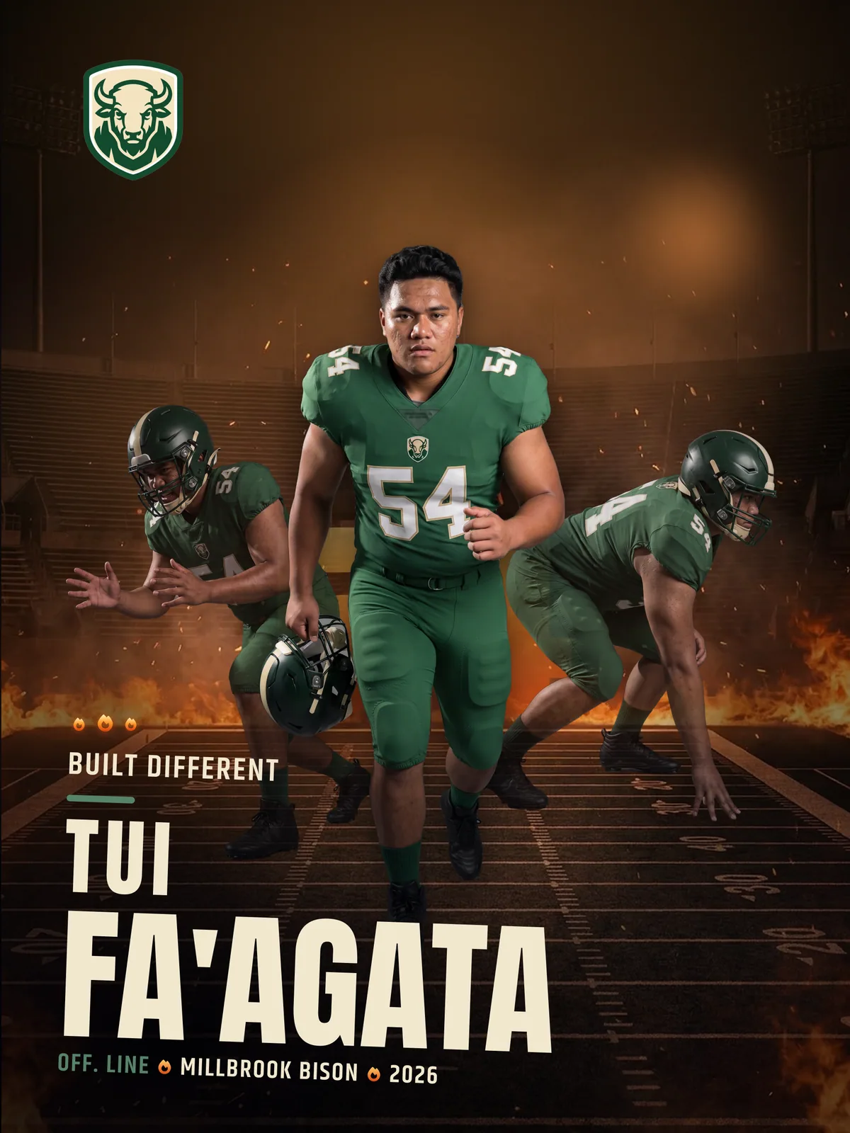 Custom football poster, 18 × 24 in — Fire & Smoke finish — example artwork, fictional athlete