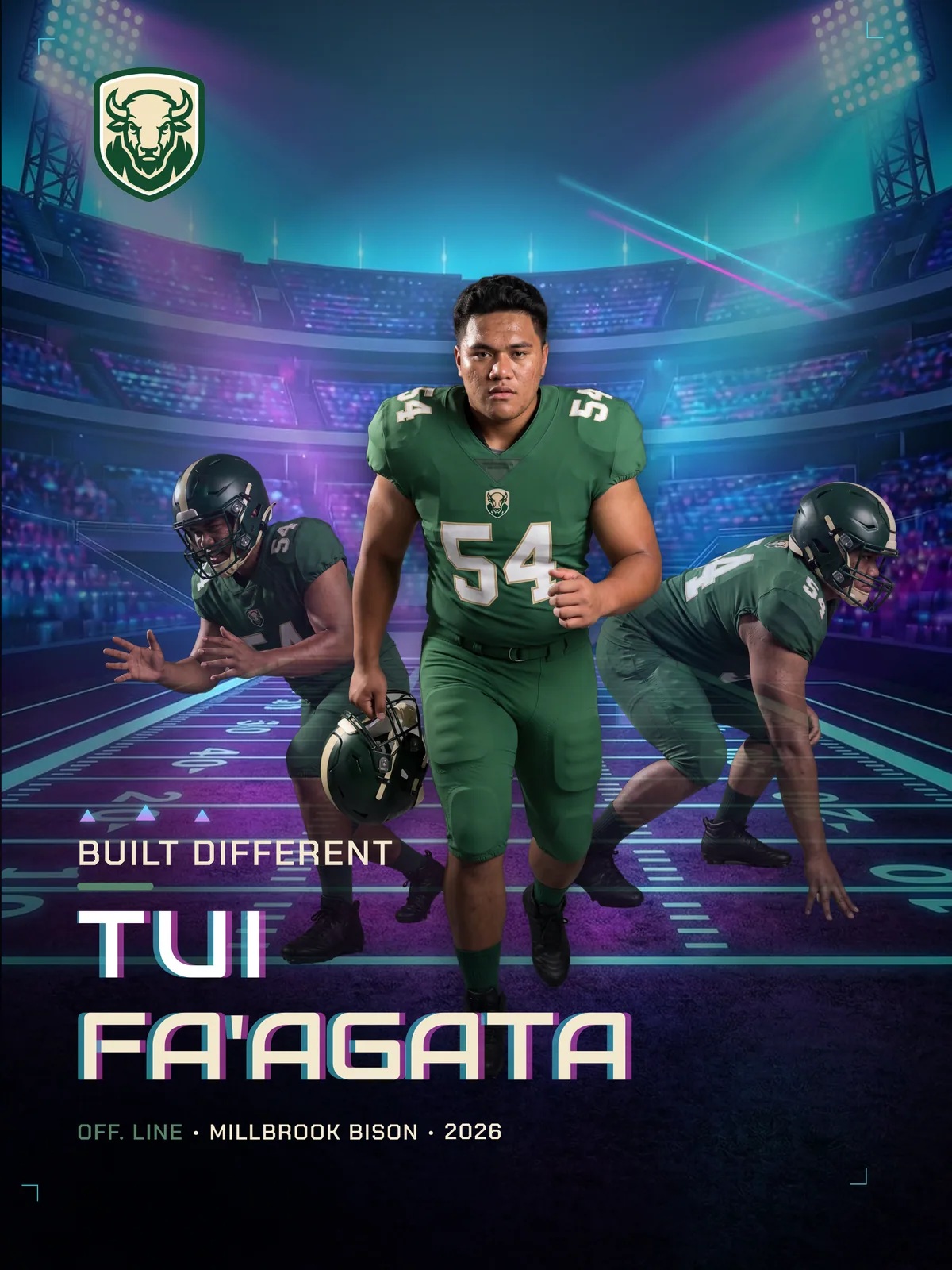 Custom football poster, 18 × 24 in — Prism Rush finish — example artwork, fictional athlete