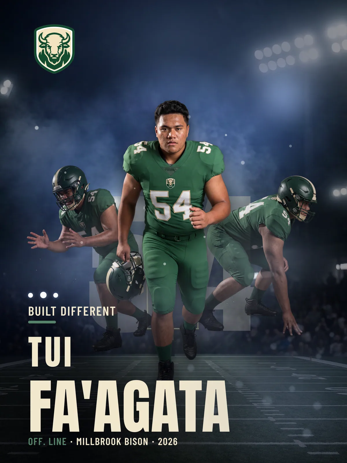 Custom football poster, 18 × 24 in — Stadium Night finish — example artwork, fictional athlete