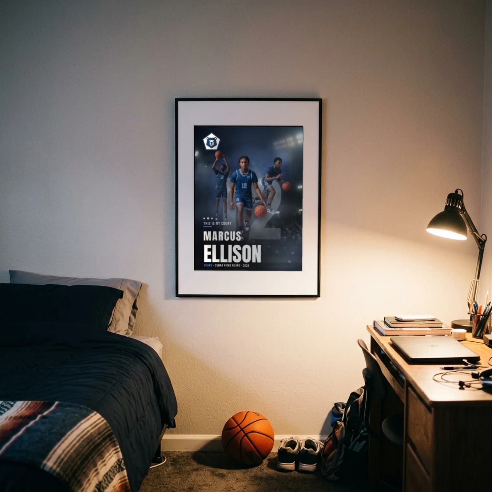 A framed custom basketball poster on a bedroom wall above a desk — Stadium Night finish — example artwork, fictional athlete; photo generated