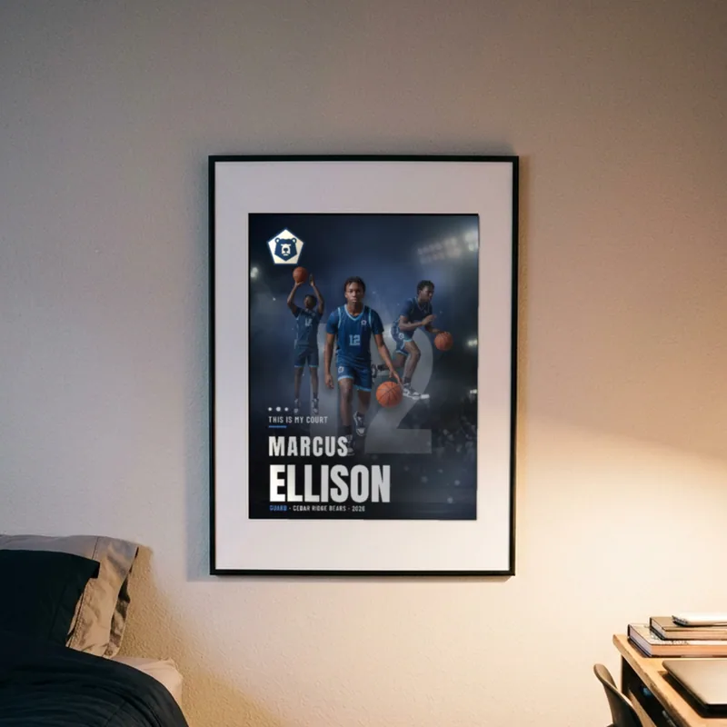 A framed custom basketball poster on a bedroom wall — Stadium Night finish — example artwork, fictional roster athlete; photo generated