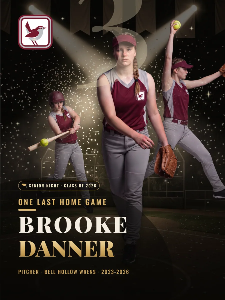 Custom softball poster, 18 × 24 in — Senior Night finish — example artwork, fictional athlete
