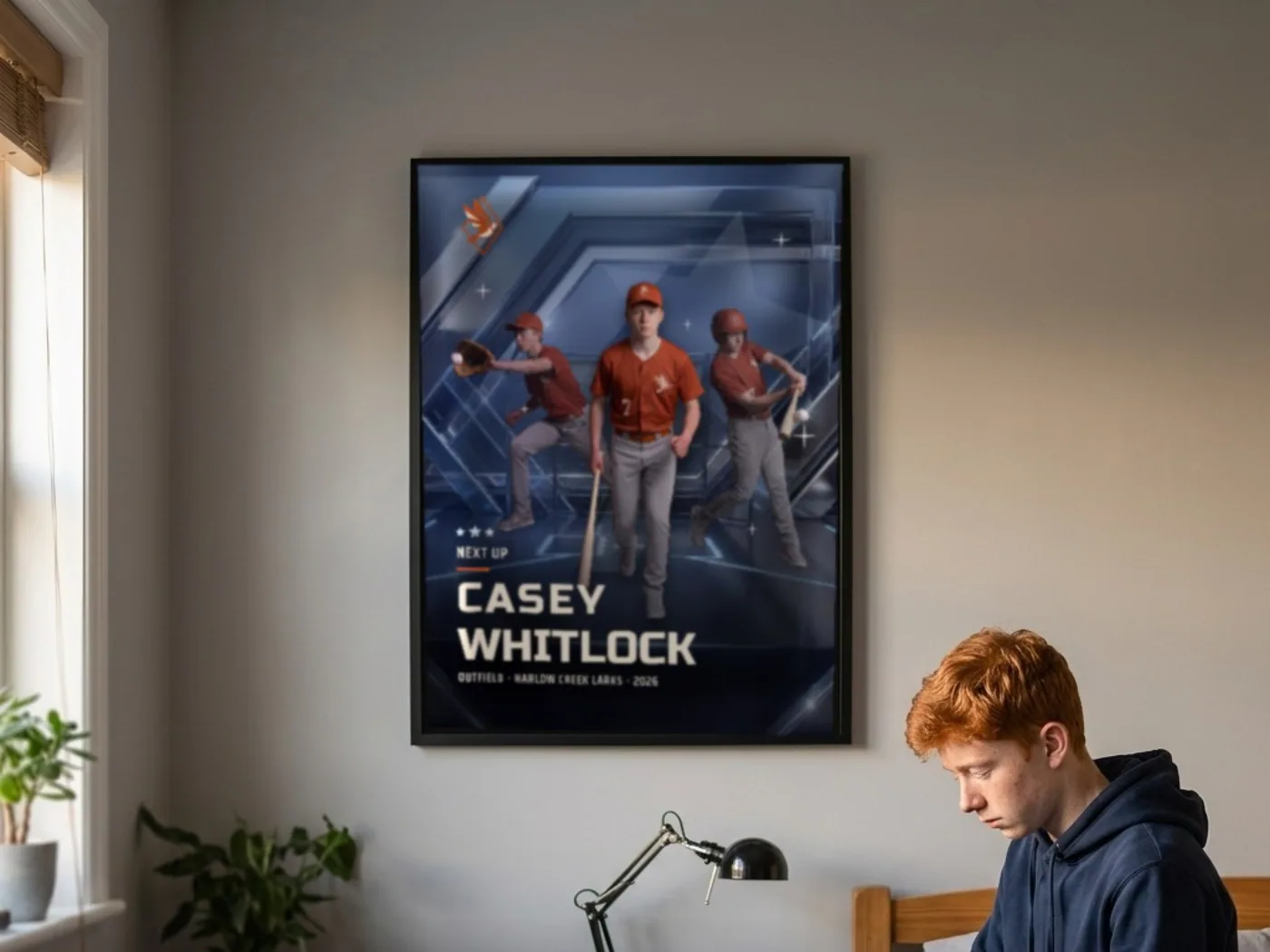A framed custom baseball poster on a bedroom wall above the desk where the athlete sits with his glove — example artwork, fictional roster athlete; photo generated