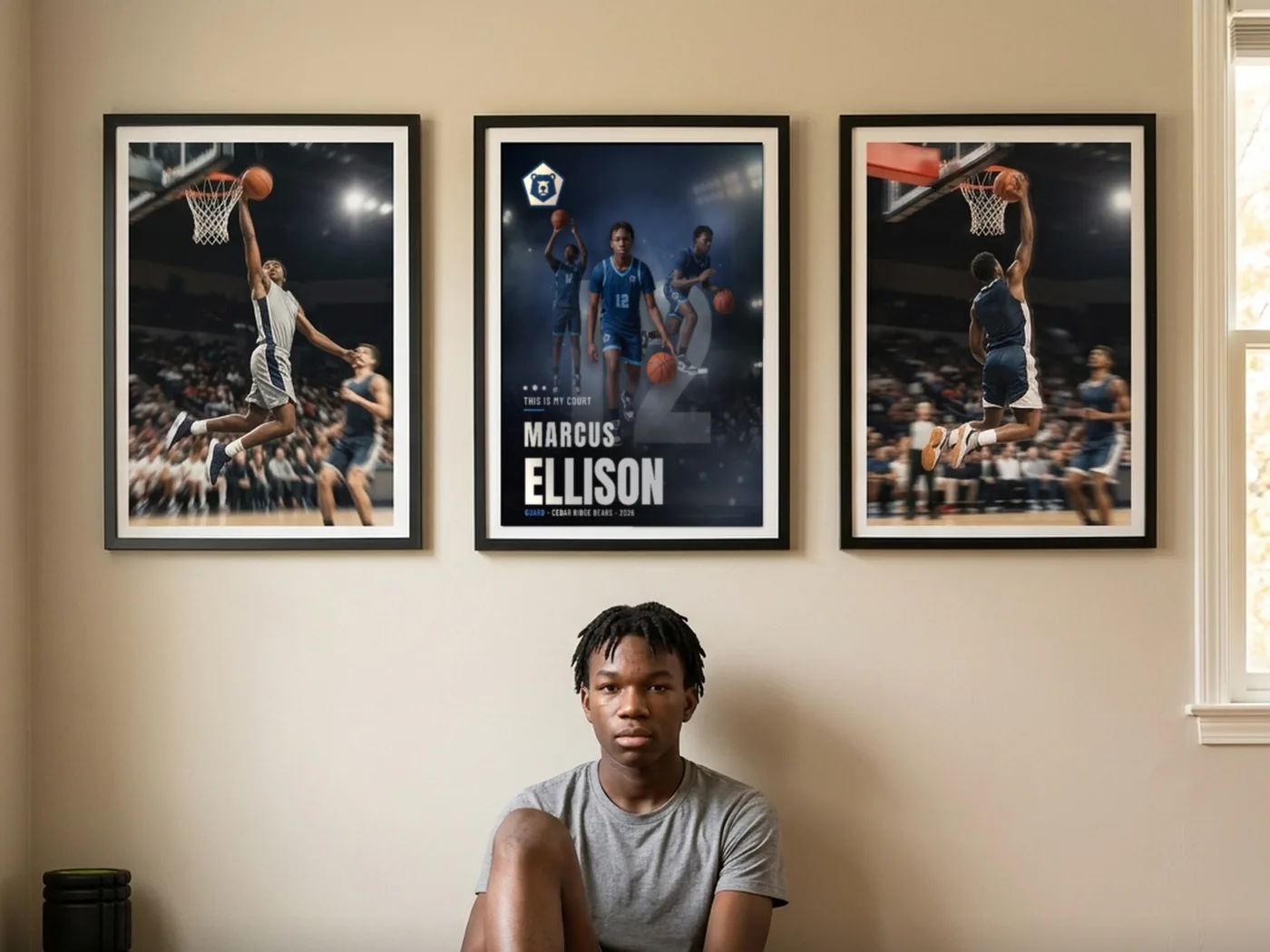 Three framed custom basketball posters on a bedroom wall with the athlete sitting on the floor below them — example artwork, fictional roster athlete; photo generated