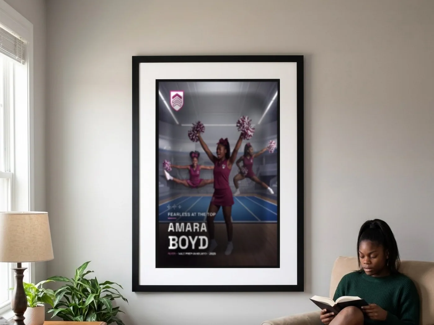 A framed custom cheerleading poster on a living-room wall above the armchair where the athlete is reading — example artwork, fictional roster athlete; photo generated
