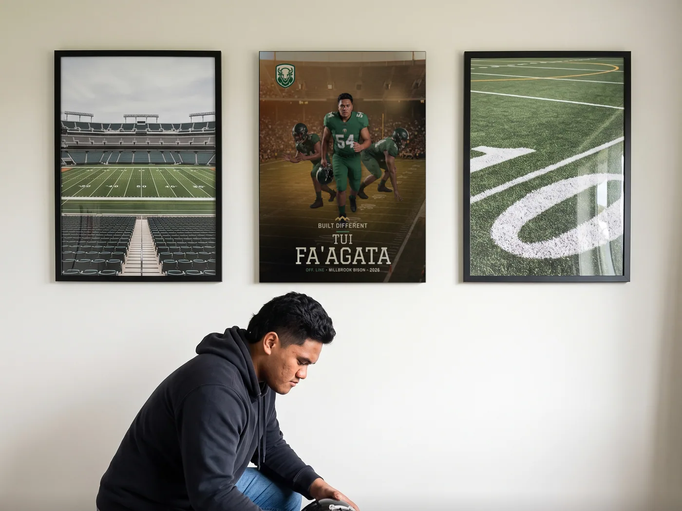 Three framed custom football posters on a bedroom wall with the athlete crouched below them holding his helmet — example artwork, fictional roster athlete; photo generated