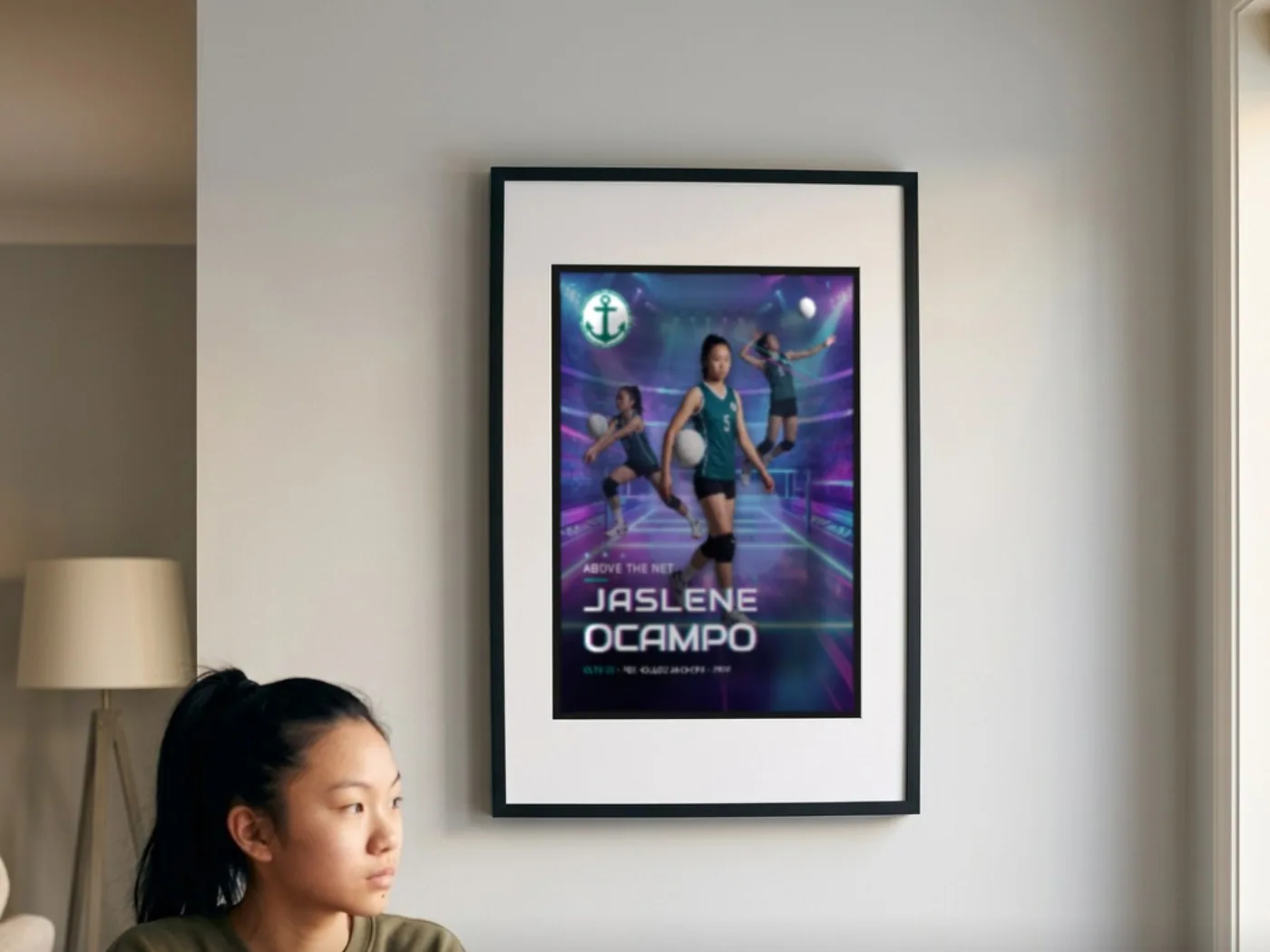 A framed custom volleyball poster on a living-room wall beside the athlete — example artwork, fictional roster athlete; photo generated