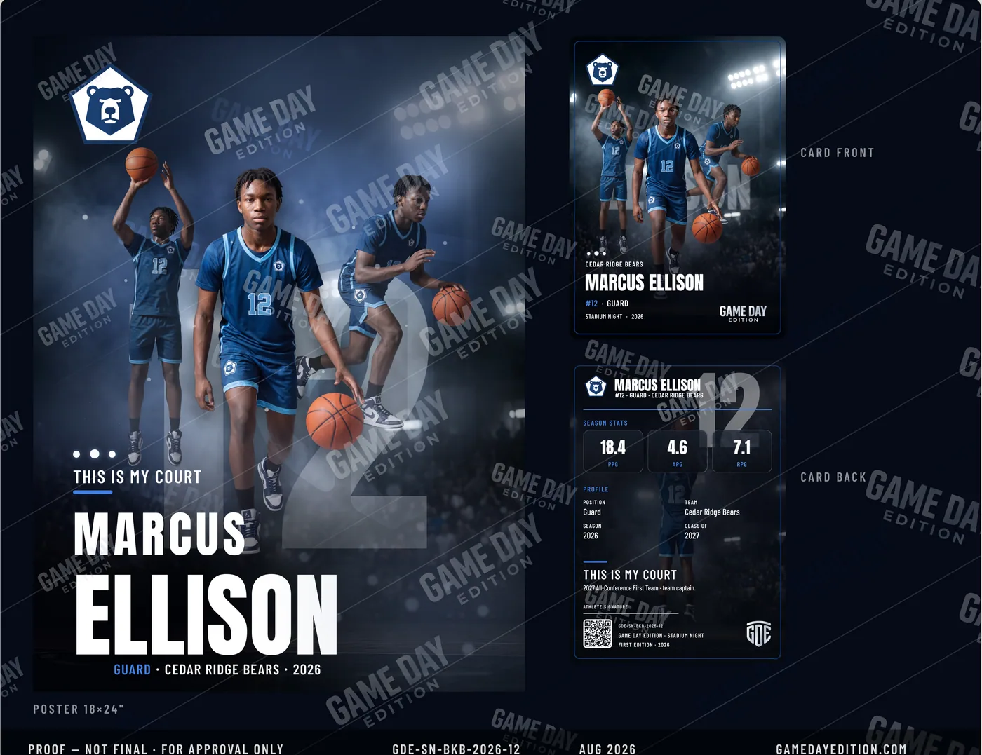 Watermarked proof sheet for a custom basketball order — the poster, the card front and the card back, stamped PROOF — NOT FINAL — Stadium Night finish — example artwork, fictional roster athlete