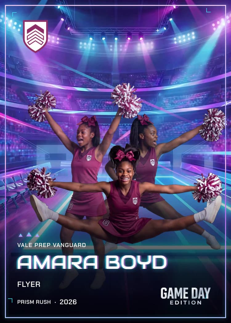 Custom cheerleading trading card front — Prism Rush finish — example artwork, fictional athlete