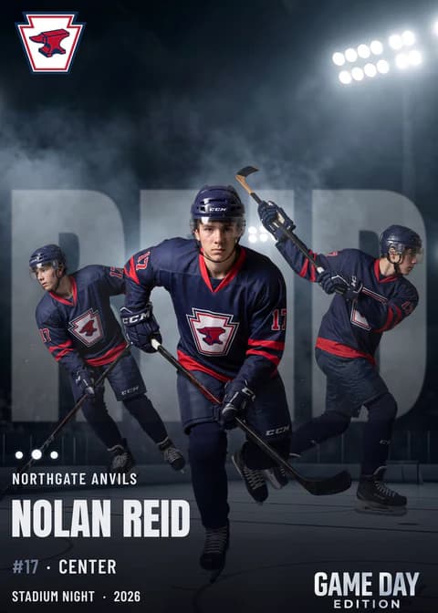 Custom ice hockey trading card front — Stadium Night finish — example artwork, fictional athlete