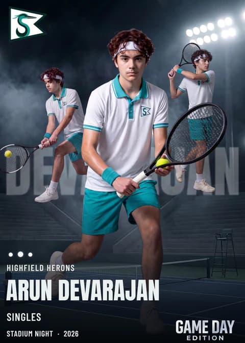 Custom tennis trading card front — Stadium Night finish — example artwork, fictional athlete