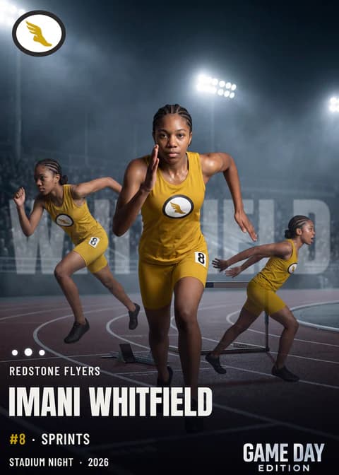 Custom track & field trading card front — Stadium Night finish — example artwork, fictional athlete