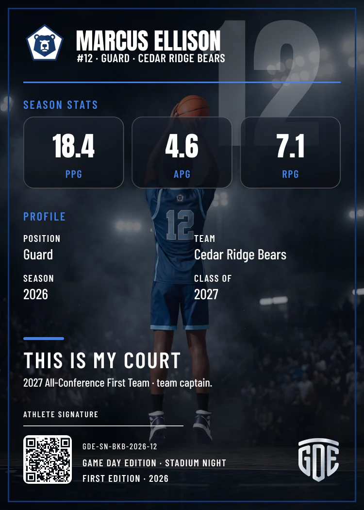 Custom basketball trading card back with season stats, registered card ID and QR code — Stadium Night finish — example artwork, fictional athlete