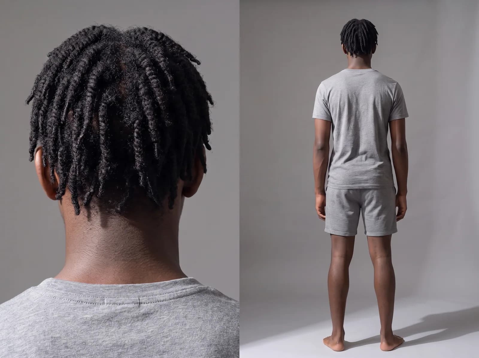 The reference from behind: the fictional athlete's back view built from their photos
