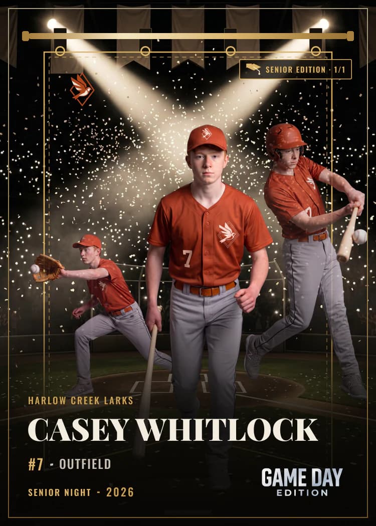 Custom baseball trading card front — Senior Night finish — example artwork, fictional athlete
