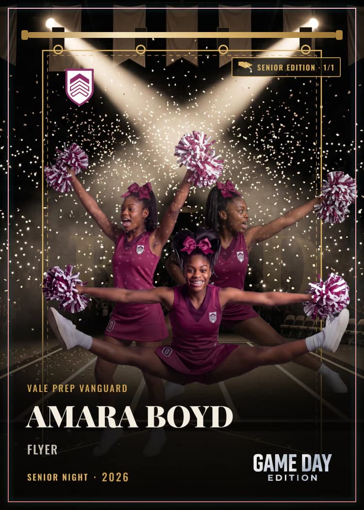 Custom cheerleading trading card front — Senior Night finish — example artwork, fictional athlete