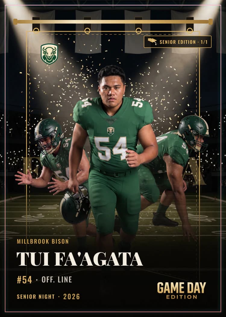 Custom football trading card front — Senior Night finish — example artwork, fictional athlete
