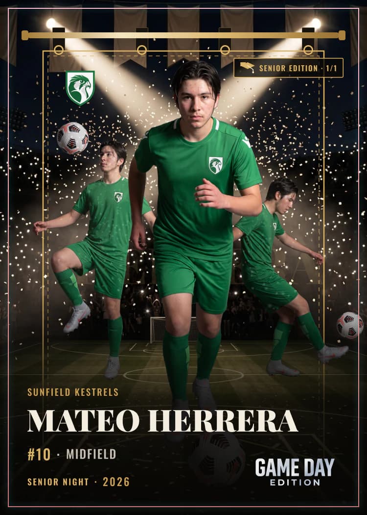 Custom soccer trading card front — Senior Night finish — example artwork, fictional athlete