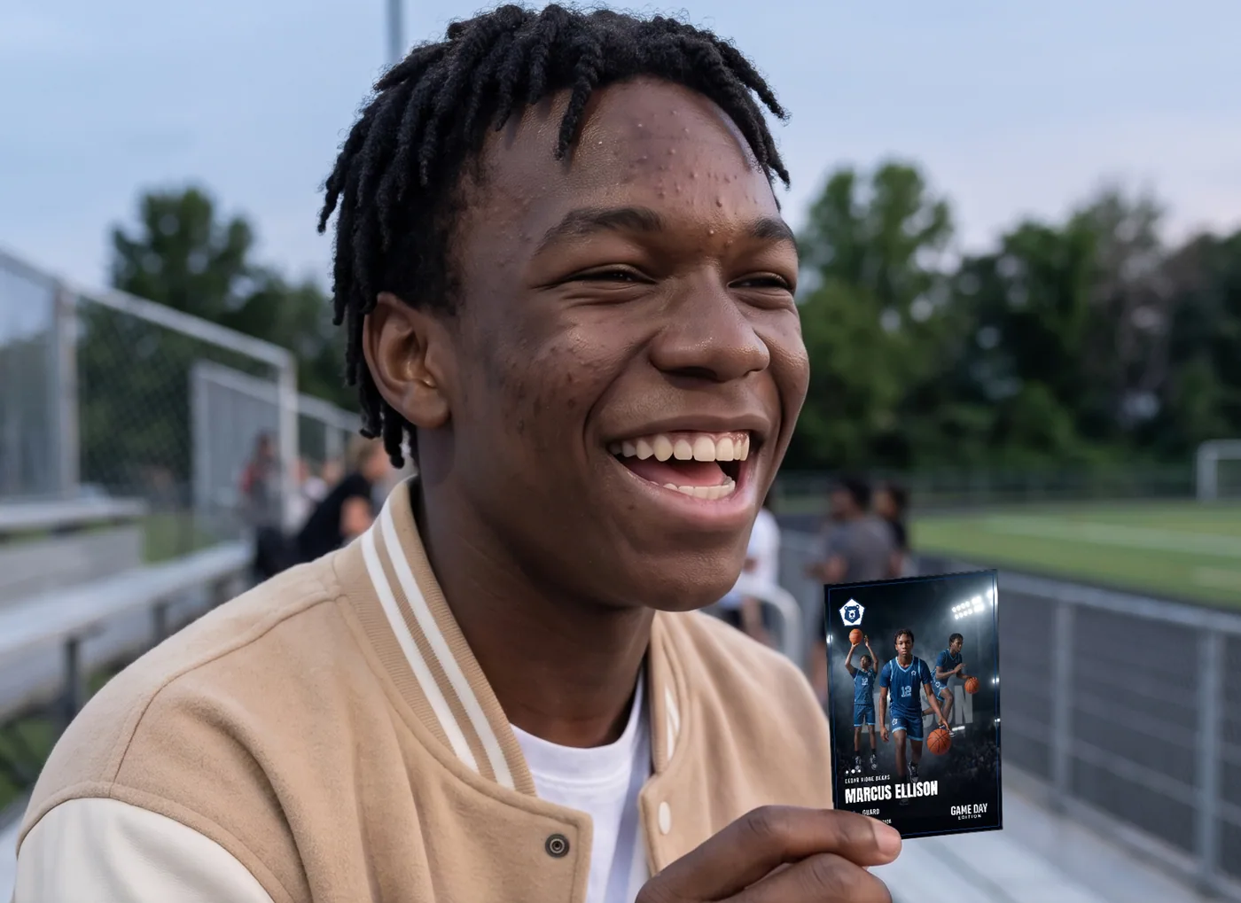 A grinning basketball player holding up his own custom trading card by the bleachers — Stadium Night finish — example artwork, fictional roster athlete; photo generated