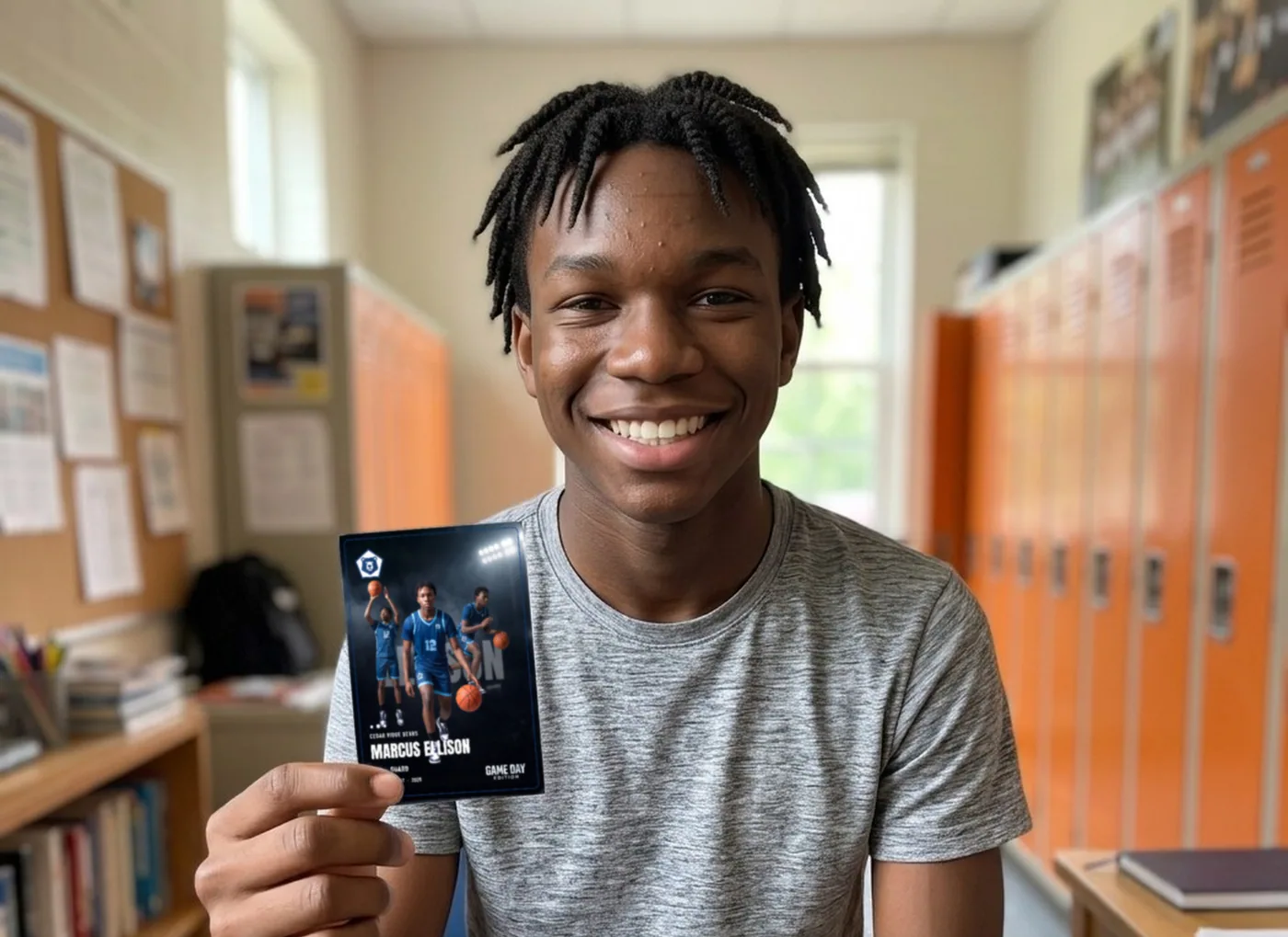 A grinning basketball player holding up his own custom trading card in a school hallway by the lockers — Stadium Night finish — example artwork, fictional roster athlete; photo generated