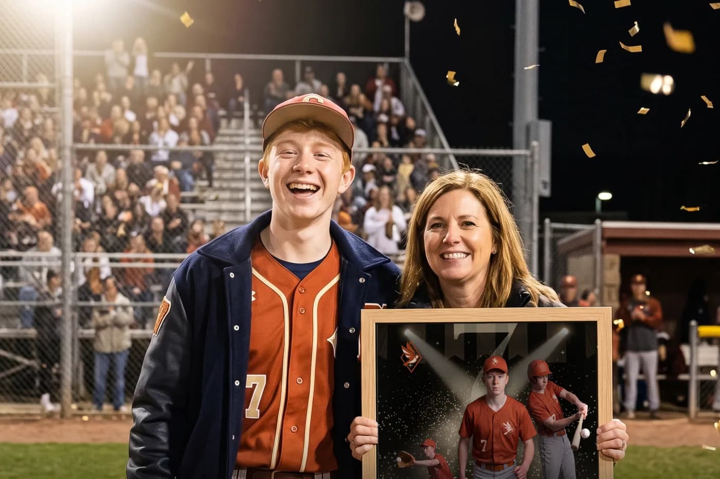 A senior and a parent holding his framed custom baseball poster on the field under the stadium lights — Senior Night finish — example artwork, fictional roster athlete; photo generated